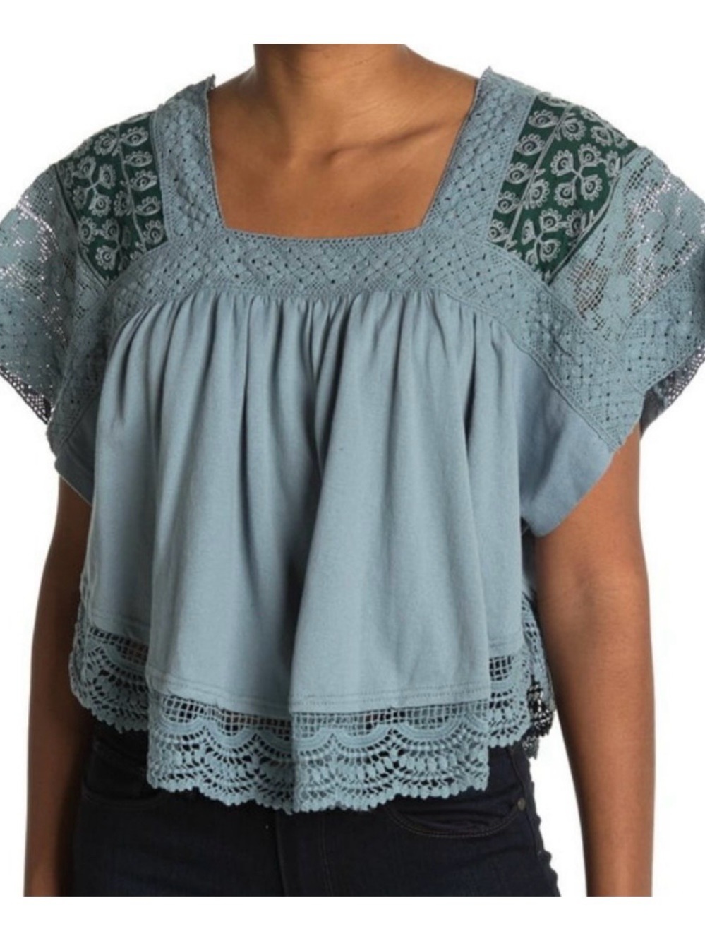 NWT Free People Dusty Blue Crochet-Trim Square Neck Crop Top with Green Insets